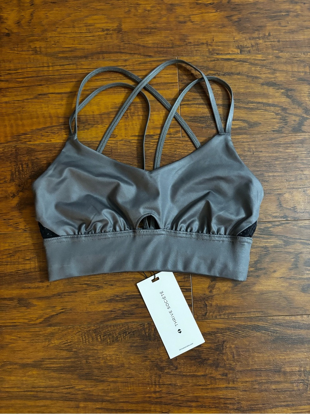 Thrive Societe NWT Motion Mesh Strung Bra Metallic Grey Strappy Sports Bralette